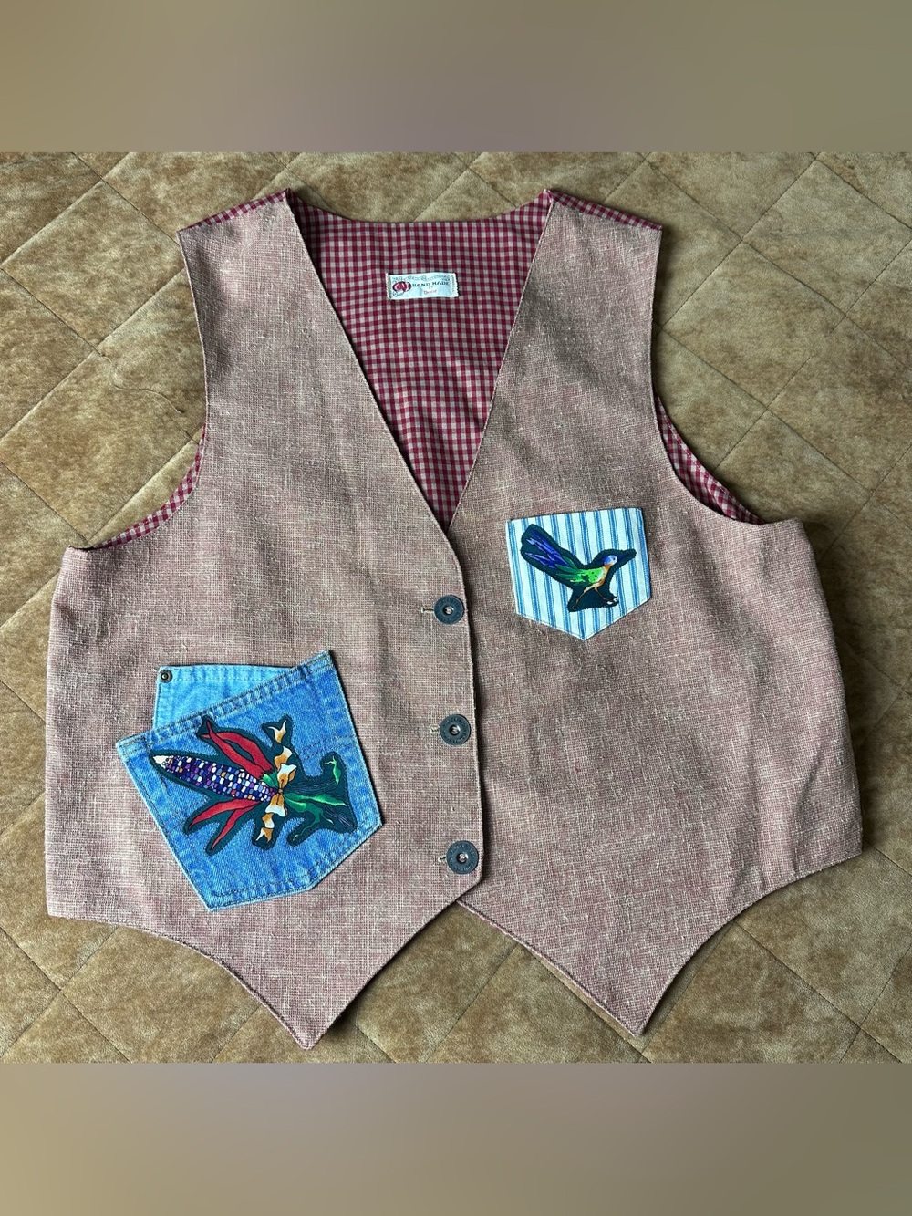 Vintage Southwestern Wearable Art Vest Unisex Handmade Coyote Cactus Gingham